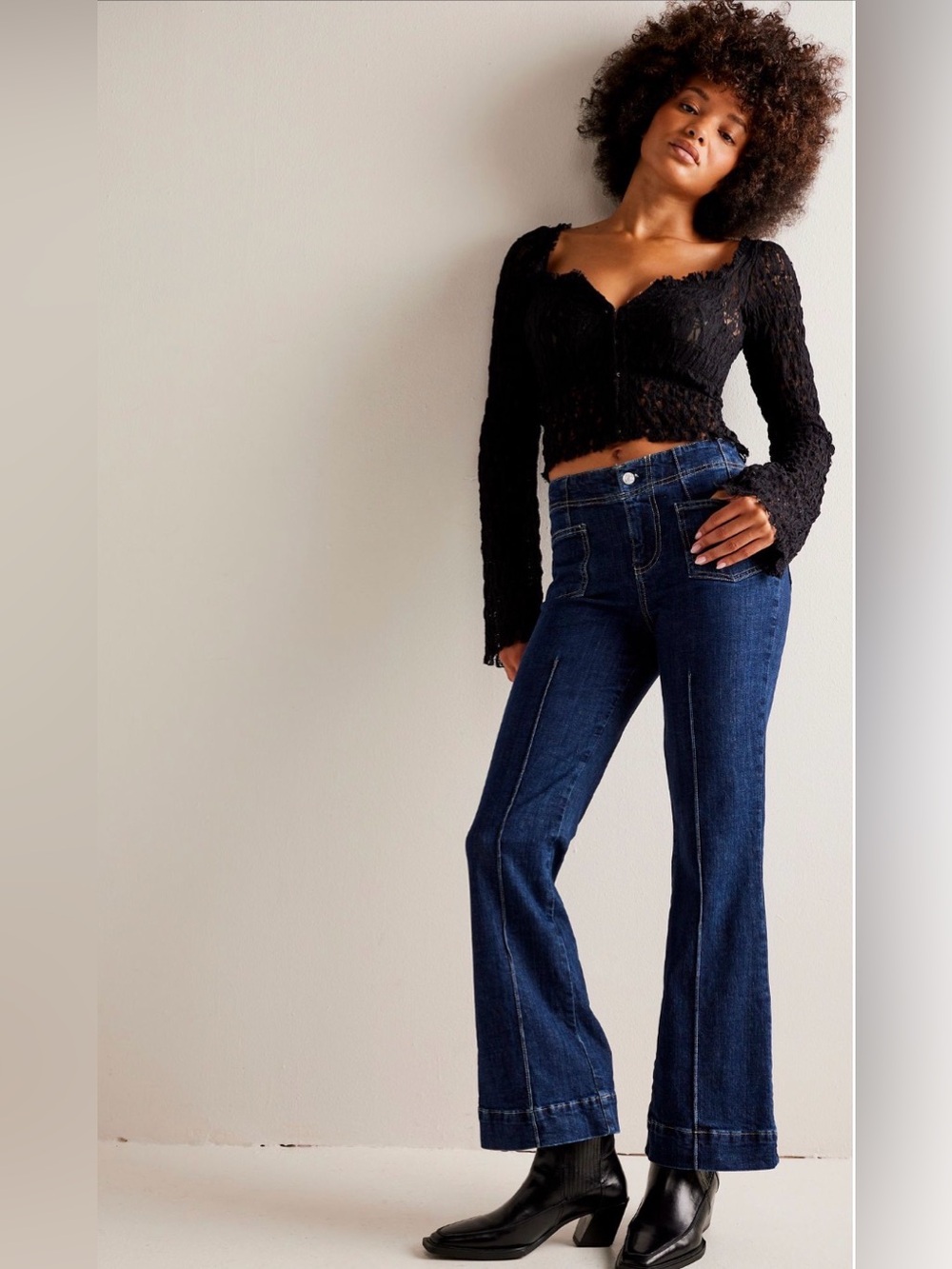 Free People Dark Indigo Flared Leg Jeans with Front Patch Pockets - Picture 12 of 12